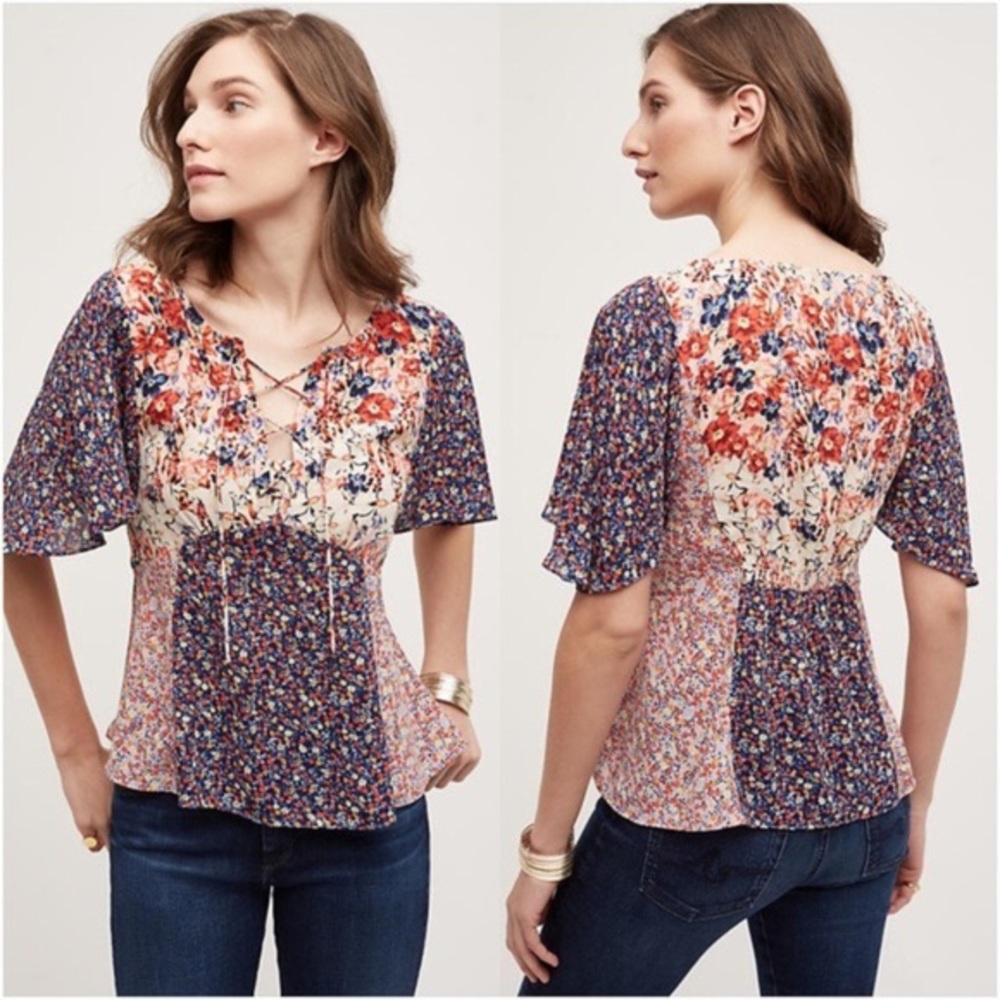 Floral Patchwork Lace-Up Peasant Top - Multicolor
